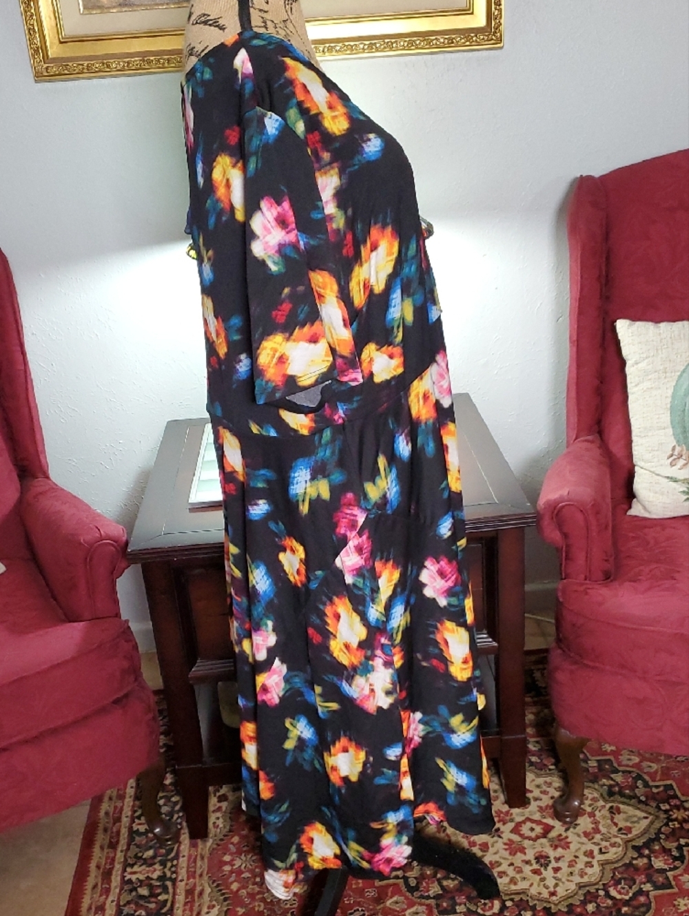 NY Collection Black Midi Dress with Vibrant Floral Print - Picture 3 of 11